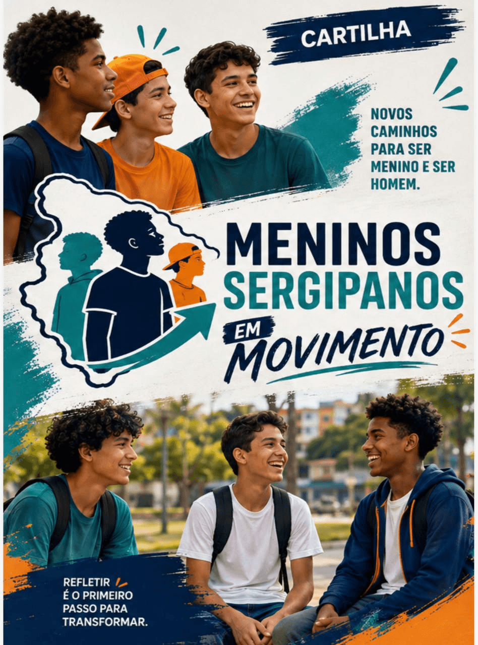 Capa da cartilha Meninos Sergipanos em Movimento, com jovens sergipanos e ilustrações em azul, verde e laranja